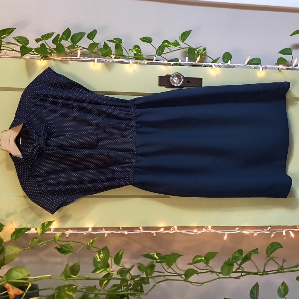 Women's Vintage 50's 60's 70's Teacher Navy Blue Polkadot Dress M